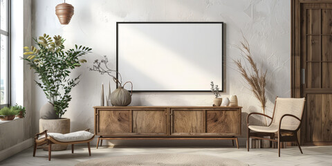 empty picture frame hanging on the wall in front of a modern wooden sideboard. black white frame mockup with plant on white wall with wooden sideboard
