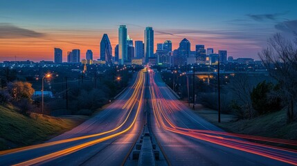 A long exposure photo of a highway at night with the Dallas skyline in the background