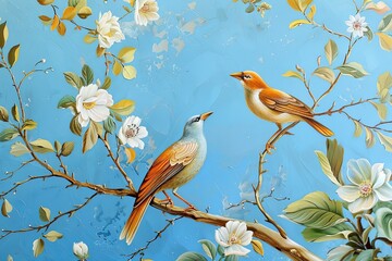 Printable Vertical Oil Painting: Two Birds on Tree White Flowers Blue Background Artistic Illustration Autumn Morning Scene Landscape