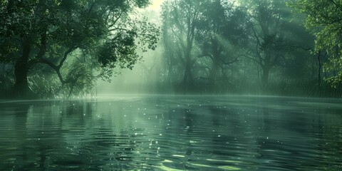 Misty green lake in the morning