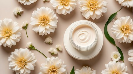 beige flowers background with cream lotion on container jar pot for skincare ad beauty product concept from Generative AI