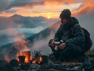 man making coffee on a mountaintop overlooking a valley at sunset