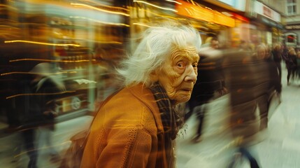 Obraz premium Memories in Motion: Passing scenes trigger memories of happier times for the old woman, tinged with sadness.