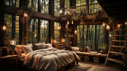 A cozy bedroom in a treehouse with a view of the forest
