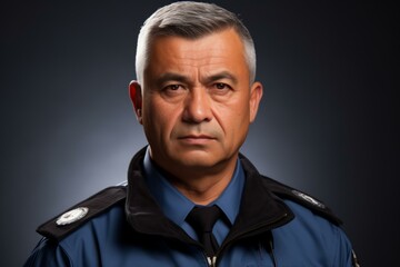 A police officer with gray hair and a serious expression on his face