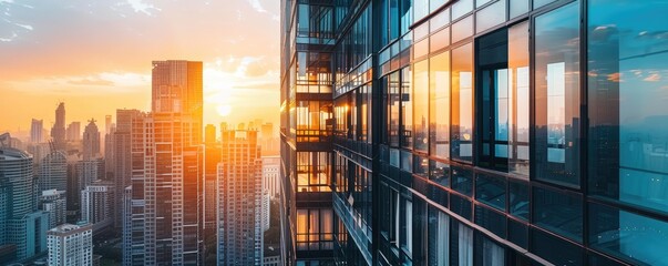 The sunset hues reflecting on the smooth glass surfaces of urban skyscrapers in a cityscape. banner