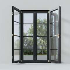 Black French Doors Open to a Leafy Garden