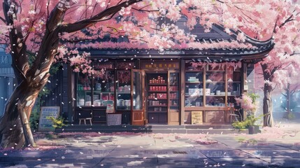 A Traditional Japanese Shop with Pink Cherry Blossoms