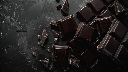 Black chocolate on a dark background. World Chocolate Day concept. Sweet chocolates perfect for valentines day background.
