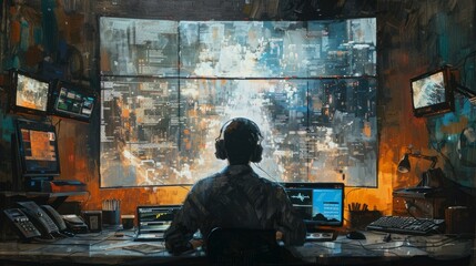 Man in front of multiple computer screens looking at a large screen