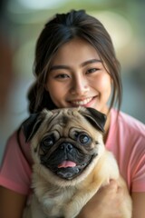pug dog breed with a happy Asian woman