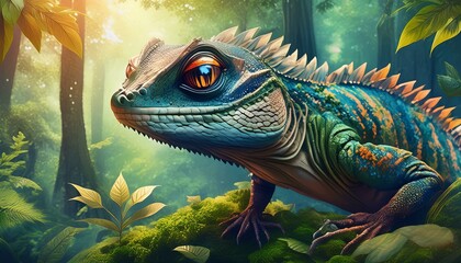 Fototapeta premium lizard in the middle of a beautiful tropical forest