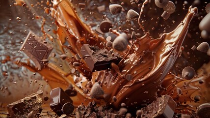 Chocolate explosion background. World Chocolate Day concept. Sweet chocolates perfect for...