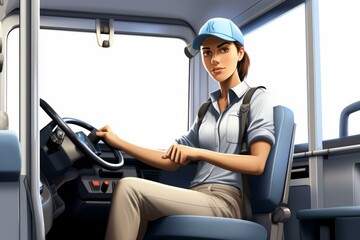 A female bus driver is sitting in the driver's seat and looking at the camera.