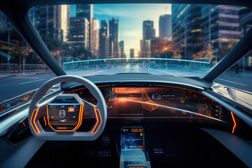 Futuristic Autonomous Self-Driving Car Moving in the City. Head-up Display Showing Infographics.