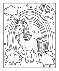 Cute cartoon unicorn with rainbow coloring page. Color and black white vector illustration for coloring book,