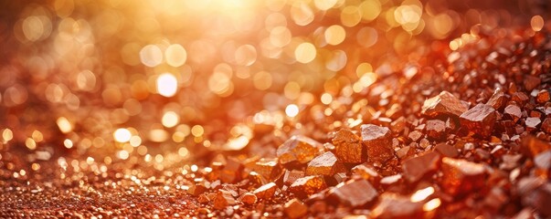 array of rough rocks illuminated by a warm, golden sunlight with light flares, giving a serene yet...