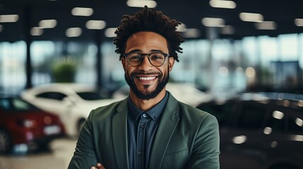 portrait of a smiling African-American man in a green suit jacket standing in a car dealership