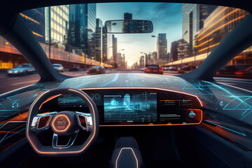 Futuristic Autonomous Self-Driving Car Moving in the City. Head-up Display Showing Infographics.