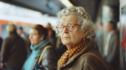 Obraz premium Seeking Connection: Amongst fellow commuters, the old woman silently yearns for understanding.