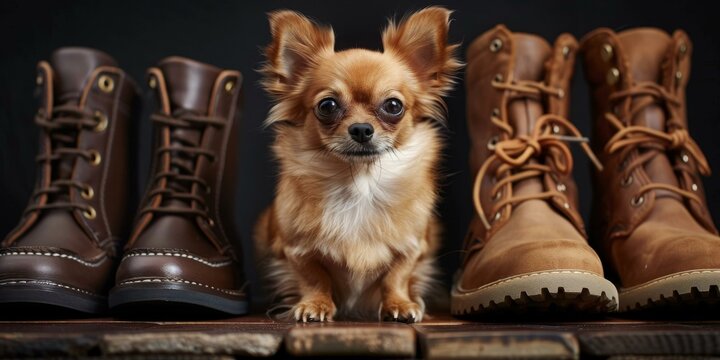 A chihuahua sits between two brown leather boots.