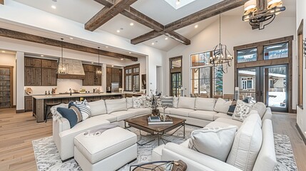 Modern mountain home interior living room with wood beams
