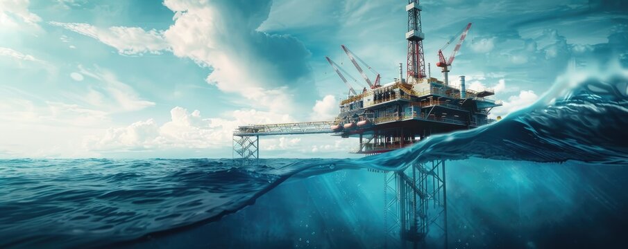 An offshore oil platform stands in an open sea signifying the exploration and extraction of natural resources.