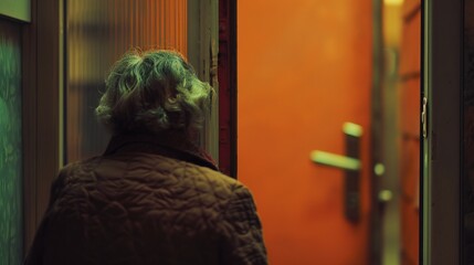 Staring at the locked door, the woman hesitates to confront the memories that lie behind it, knowing that unlocking it means facing her trauma head-on.