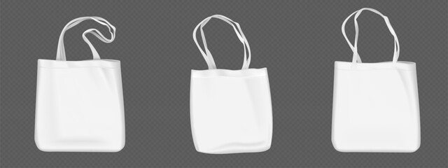 White eco tote bag mockup. Vector cotton empty template of reusable shopping ecobag with handle. Isolated realistic blank textile recycled design for grocery or beach to carry with shoulder strap.