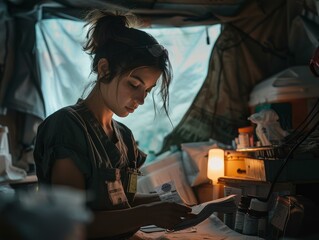 A female medic reviews patient charts in a tent.