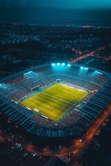 Aerial view of a soccer stadium at night with the lights on and a match in progress