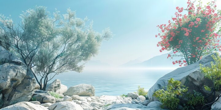 Rocky beach with white tree and pink flowers