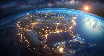 A map of the United States is lit up at night, with yellow lights glowing in various cities across America