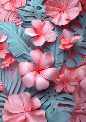 Pink and blue tropical flowers and leaves
