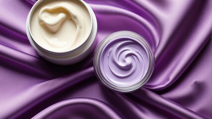 purple silk satin fabric background with cream lotion on container jar pot for skincare ad beauty product concept from Generative AI