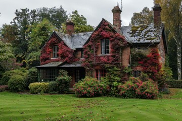 Fototapeta premium A beautiful English country house with red ivy
