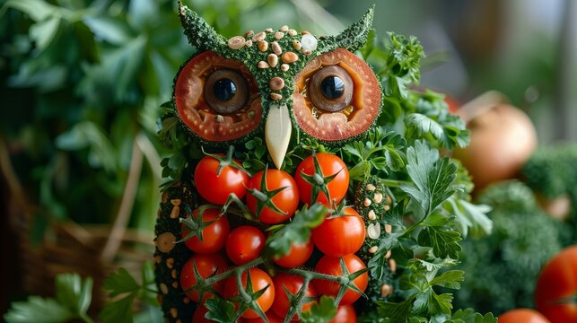 A whimsical owl made of fruits and vegetables
