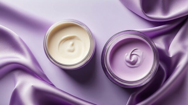 purple silk satin fabric background with cream lotion on container jar pot for skincare ad beauty product concept from Generative AI