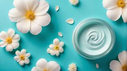 teal flower petals background with cream lotion on container jar pot for skincare ad beauty product concept from Generative AI