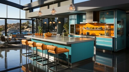 Modern kitchen interior design with blue cabinets and orange accents