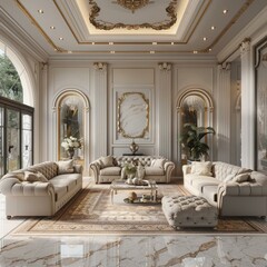 Ornate living room with marble and gold accents