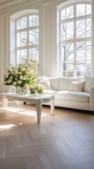 Elegant living room interior with white sofa and flowers