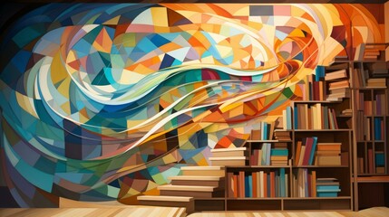 Colorful Geometric Shapes Painting with Staircase and Bookshelf