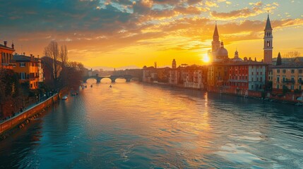 Verona cityscape at sunset over the Adige river in Italy