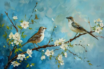 Two Birds Among White Flowers - Nature-Inspired Tree and Bird Oil Painting