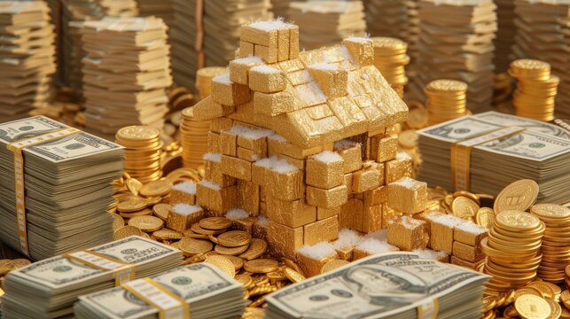 Golden house sitting on a pile of money