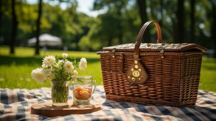 Still life picnic image with flowers and basket