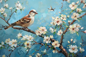 Fototapeta premium Two Birds in Serene Morning: Vertical Wall Art Oil Painting on Blue, White Flowers Nature Scene