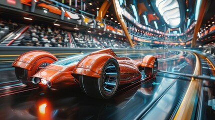 A futuristic orange sports car in the midst of production on a high-tech automated assembly line in a modern factory.