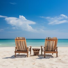 Two wooden chairs are placed on the beach with a small round table between them. The sea is calm and the sky is blue with a few white clouds.